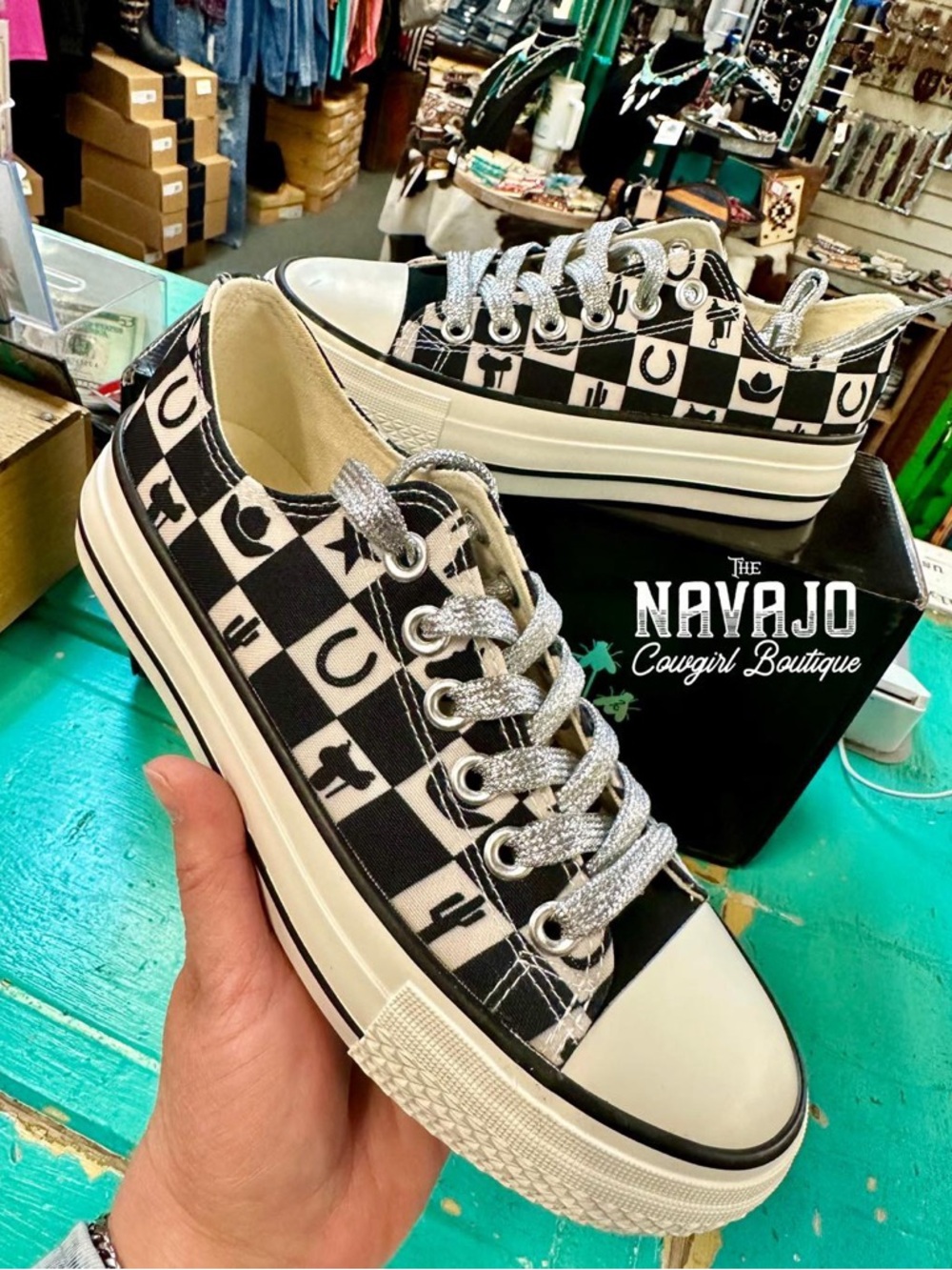Bronc Stompers Black & White Western Icon Checkerboard Sneakers